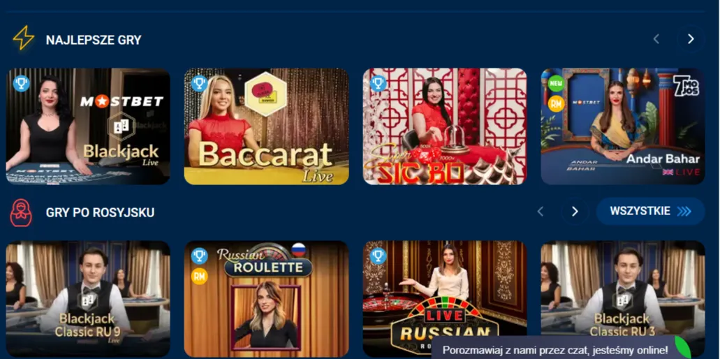 Sekcja na żywo na stronie MostBet